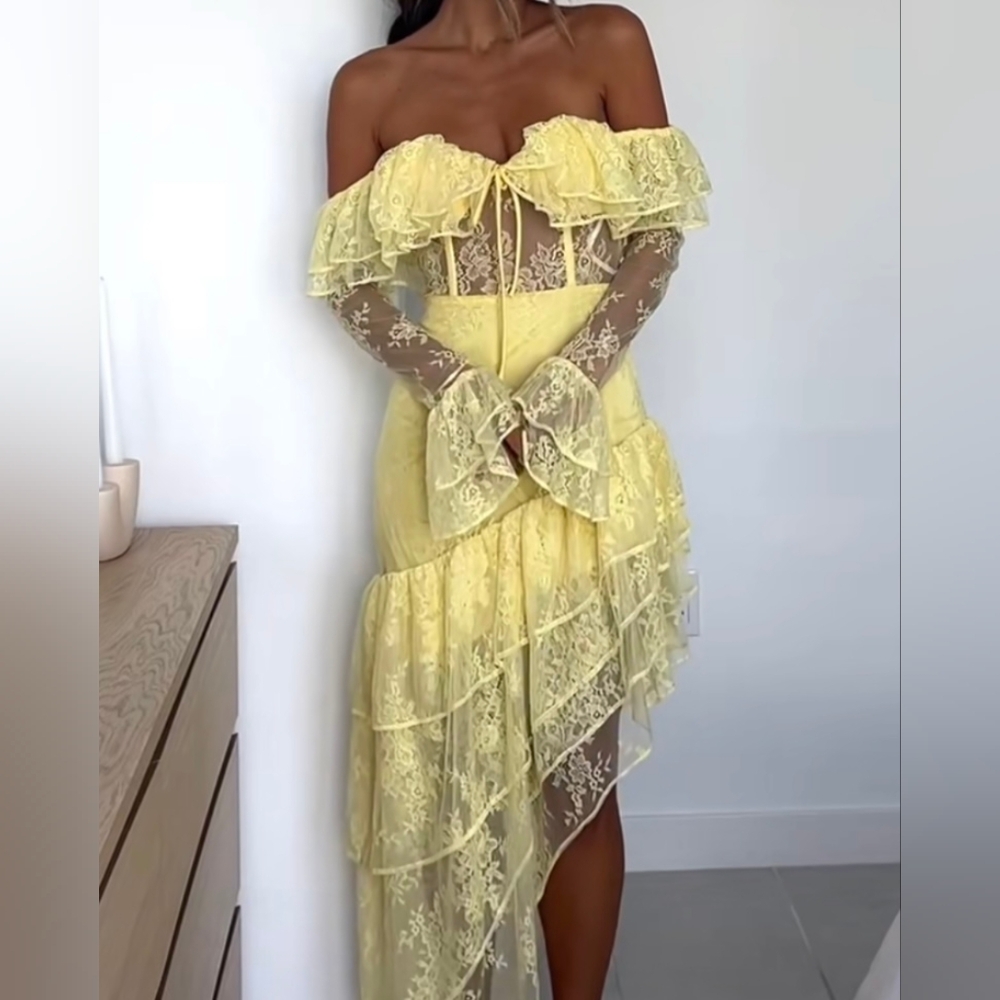 Revolve Majorelle yellow lace Tiered Ruffled off the shoulder hi lo maxi dress - Picture 2 of 8